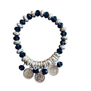 Dark Blue and Silver Beaded Charm Fashion Jewelry Bracelet